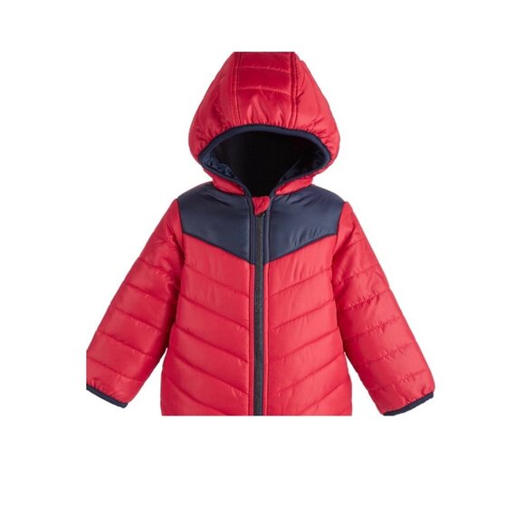 Baby Boys 3-6 Months Hooded Puffer Jacket Red & Navy Polyester Outerwear - Picture 1 of 4
